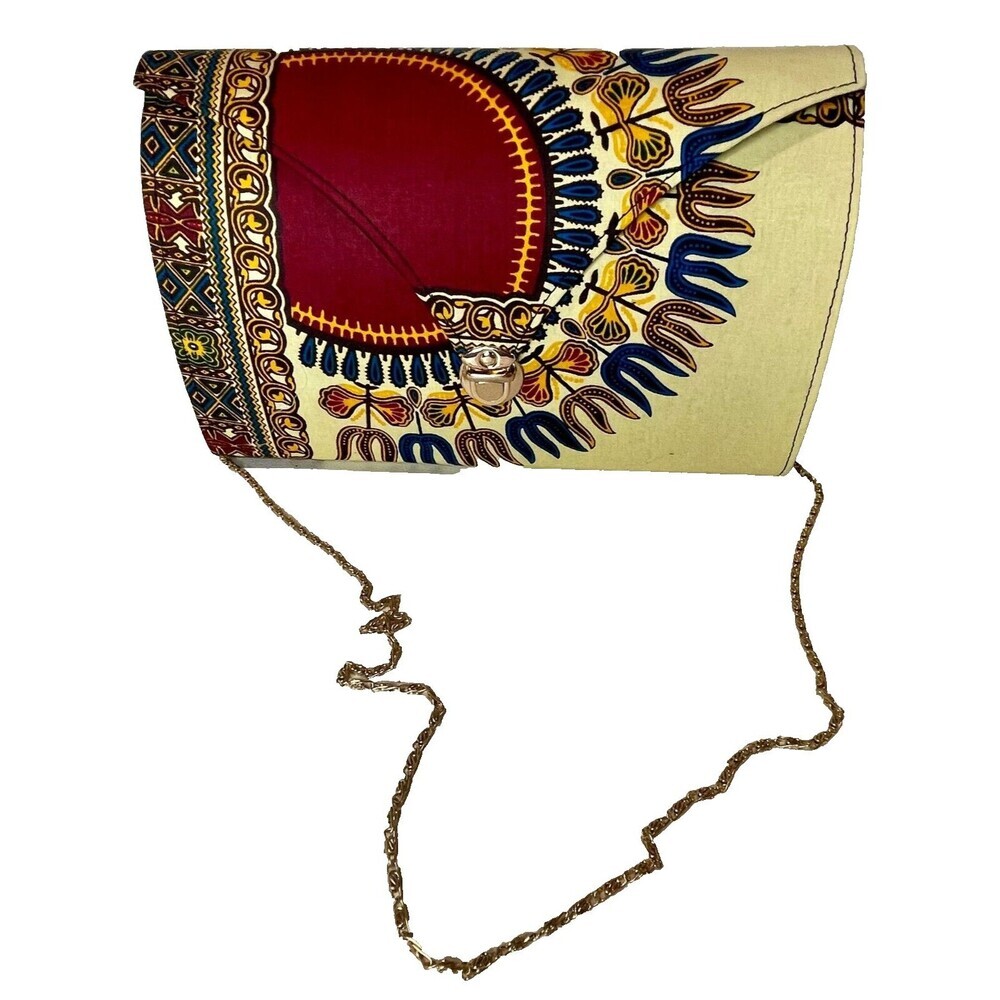 Dashiki Tribal Clutch Push Lock Clutch Handbag Ecru Red Dashiki Print NWOT